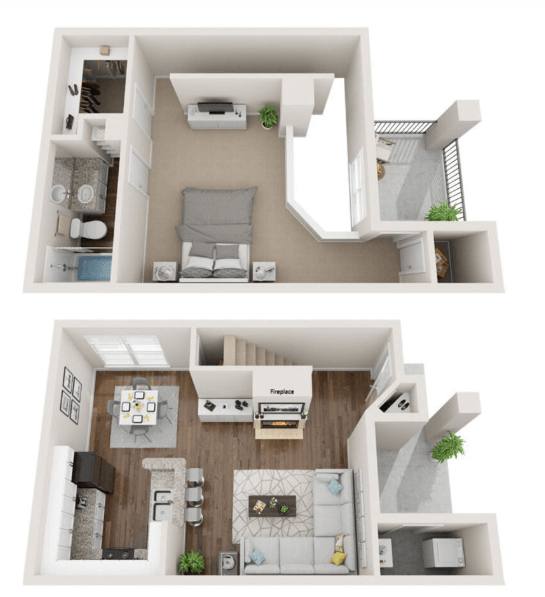 A 3D floor plan of a small apartment with a living room, kitchen, and bedroom.