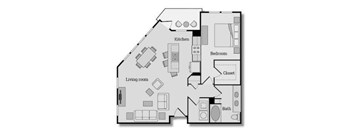 Spacious one bedroom apartment with large kitchen islans