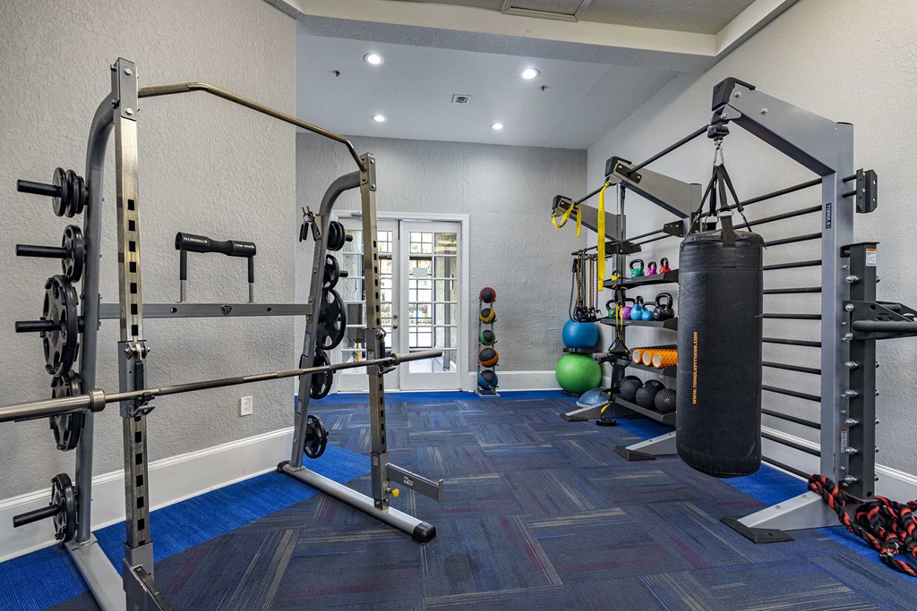 a gym with a punching bag and weights on the wall
