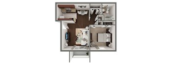 A 3D floor plan of a house showing a kitchen, living room, and bathroom.