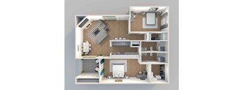 A 3D floor plan of a house with a kitchen, living room, and bathroom.