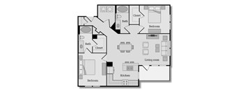 1,134 sq ft Two Bedroom Two Bathroom Floorplan with Large Living and Dining Room, Primary Bedroom with On-suite Bathroom and Walk-In Closet, and Laundry Room