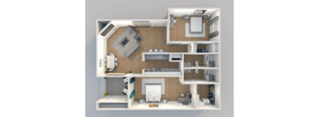 a 3d rendering of the interior of a house with a bedroom and a bathroom