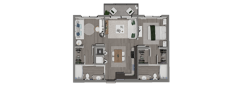 A top-down view of a house layout with a central hallway and rooms surrounding it.
