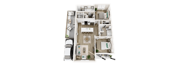 A top-down view of a house layout with a car parked outside.