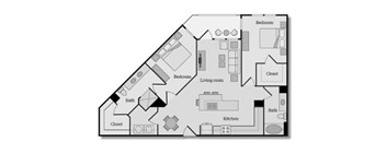 1,157 sq ft Two Bedroom Two Bathroom Floorplan with Dual Vanity and Walk-In Closet  in Primary Bathroom, Kitchen with Large Island, and Private Balcony
