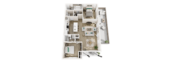 A top-down view of a well-organized apartment with a kitchen, living room, and bathroom.