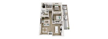 A top-down view of a house layout with multiple rooms and furniture.
