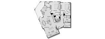 Two Bedroom Two Bathroom Floorplan with Large Balcony, Laundry Room, Open Concept Layout, Kitchen Island, Home Office Area, and Dining Area