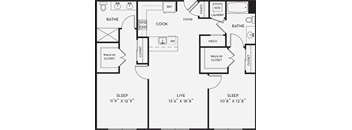 A black and white image of a floor plan for a home with two bedrooms, a living room, a kitchen, a bathroom, a laundry room, a closet, a coatroom, and a mech.