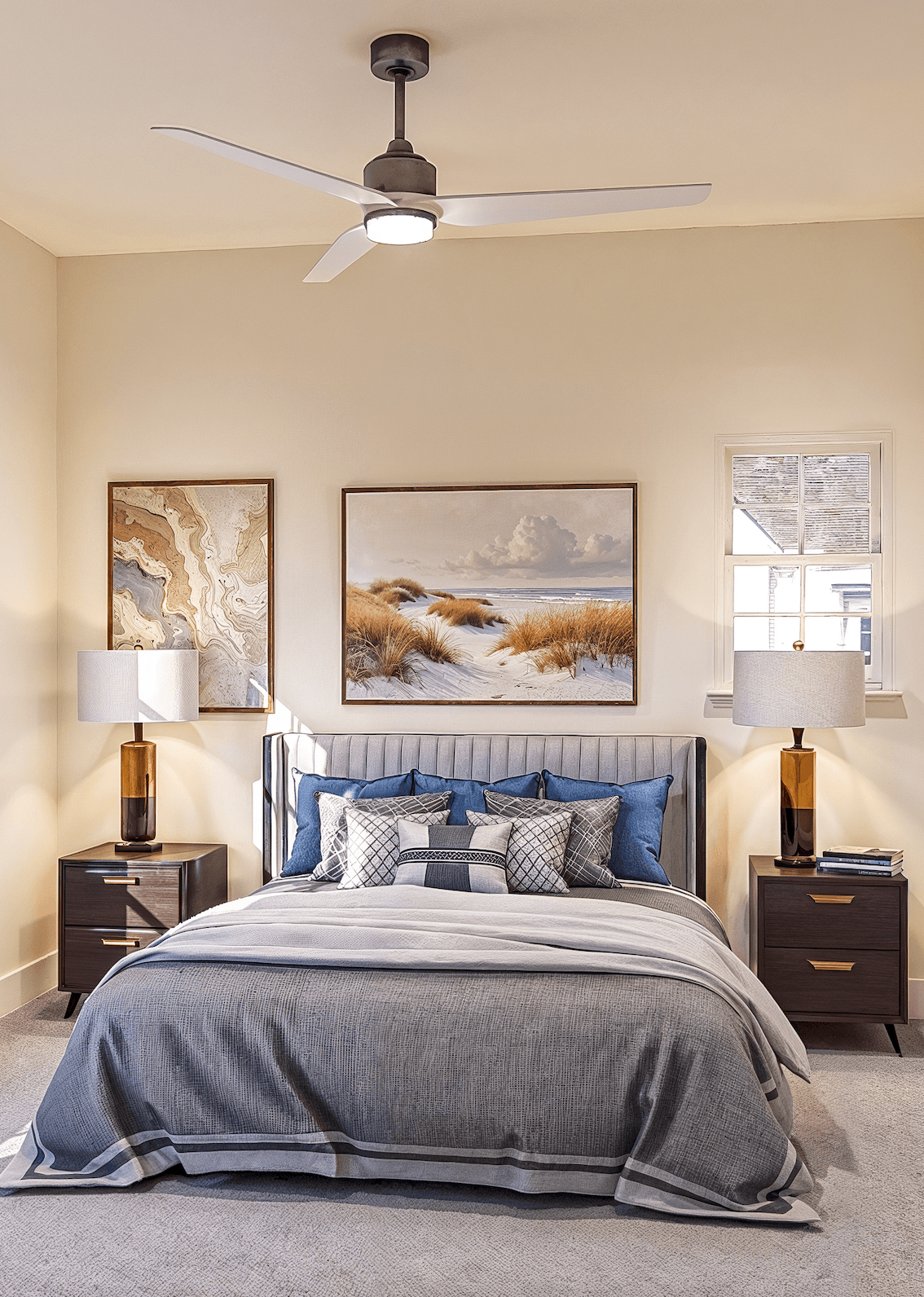 A bedroom with a bed, two lamps, and a ceiling fan.