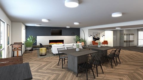 a rendering of a living room with tables and a fireplace