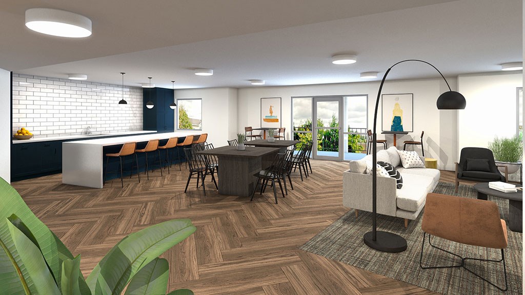 a rendering of a living room with a kitchen and a dining room