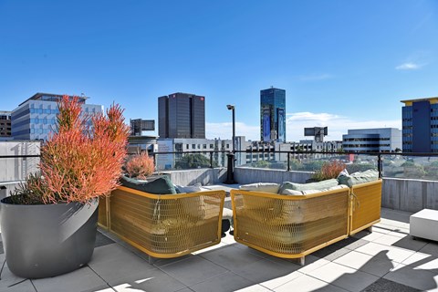 Two yellow chairs are on a rooftop with a city skyline in the background.