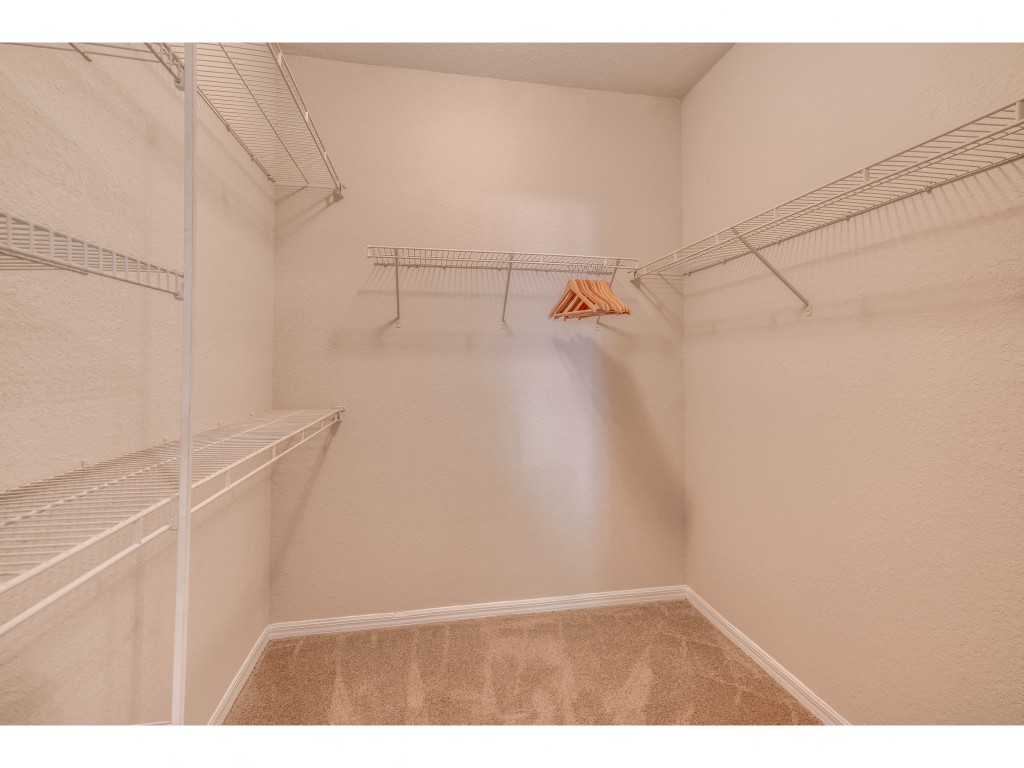 a spacious closet with shelves and a mirrored closet door