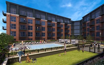 Maple Street Lofts Fenced-in Bark Park with Grass Turf Next to Pool and Outdoor Game Area - Photo Gallery 3
