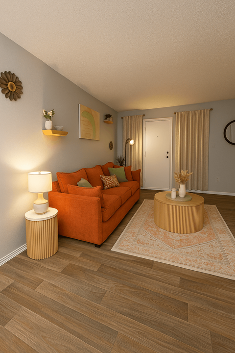 A living room with a couch, a lamp, and a coffee table.