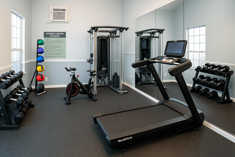 A gym with a treadmill, weights and exercise bikes.