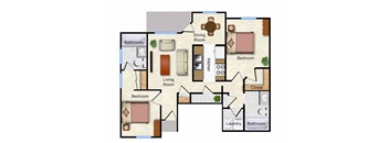 A floor plan of a Gold Leaf apartment with two bedrooms and two bathrooms.