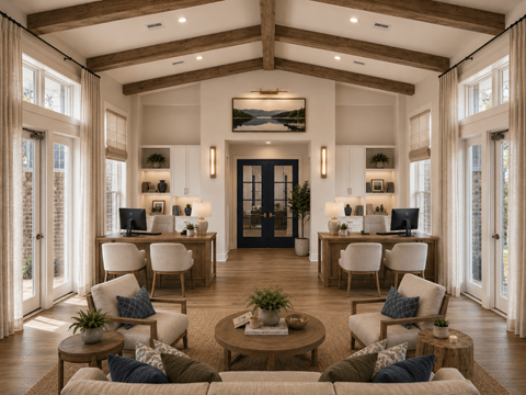 A spacious living room with a high ceiling and a large window on the left side.