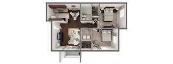 A 3D floor plan of a small apartment with a kitchen, living room, and bedroom.