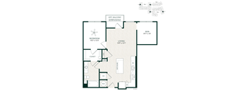 A floor plan of a living room, bedroom, and den with an optional balcony.