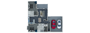 A top-down view of a house with a red car parked on the right side.