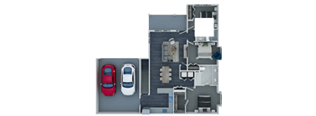 A top-down view of a house with a red car parked on the left and a white car parked on the right.