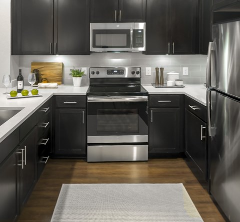 A modern kitchen with black cabinets and stainless steel appliances.