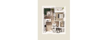 A top-down view of a small apartment with a kitchen, living room, and bathroom.