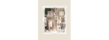A top-down view of a small apartment with a kitchen, living room, and bathroom.