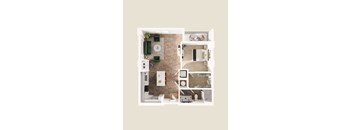 A floor plan of a house with a kitchen, living room, and bathroom.