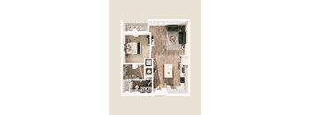 A top down view of a small apartment with a kitchen, living room, and bathroom.