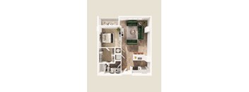 A top-down view of a small apartment with a kitchen, living room, and bathroom.