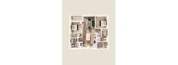 A top-down view of a house layout with a central living area, two bedrooms, a bathroom, and a kitchen.