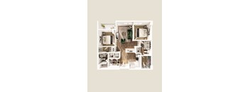 A top-down view of a small, well-organized apartment with a kitchen, living room, and bedroom.