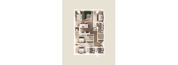 A floor plan of a house with a kitchen, living room, and two bedrooms.
