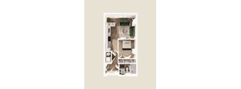 A floor plan of a small apartment with a kitchen, living room, and bathroom.