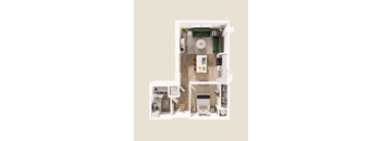 A floor plan of a small apartment with a kitchen, living room, and bathroom.