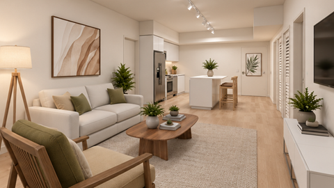 A modern living room with a white sofa, wooden coffee table, and a painting on the wall.