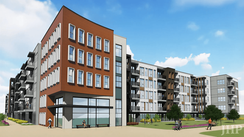 A modern apartment complex with a mix of brick and glass buildings.