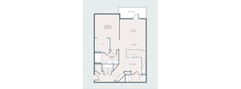 A floor plan of a home with a primary bedroom, living room, dining room, kitchen, and two bathrooms.
