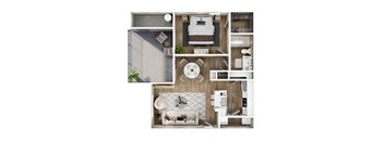 A modern, minimalist apartment layout with a kitchen, living room, and bathroom.