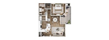 A top-down view of a small apartment with a kitchen, living room, and bathroom.