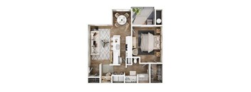 A top-down view of a small apartment with a kitchen, living room, and bathroom.