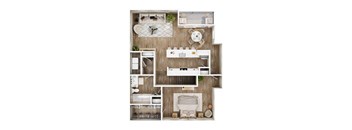 A top-down view of a small apartment layout with a kitchen, living room, and bathroom.