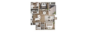 A top-down view of a modern apartment layout with a kitchen, living room, and bathroom.