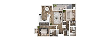 A top-down view of a modern apartment layout.