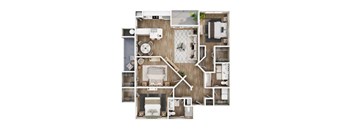 A top-down view of a small apartment layout with a kitchen, living room, and bathroom.