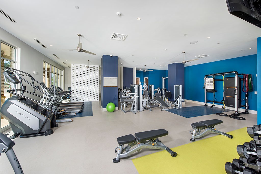 a gym with cardio equipment and weights in a building with blue walls